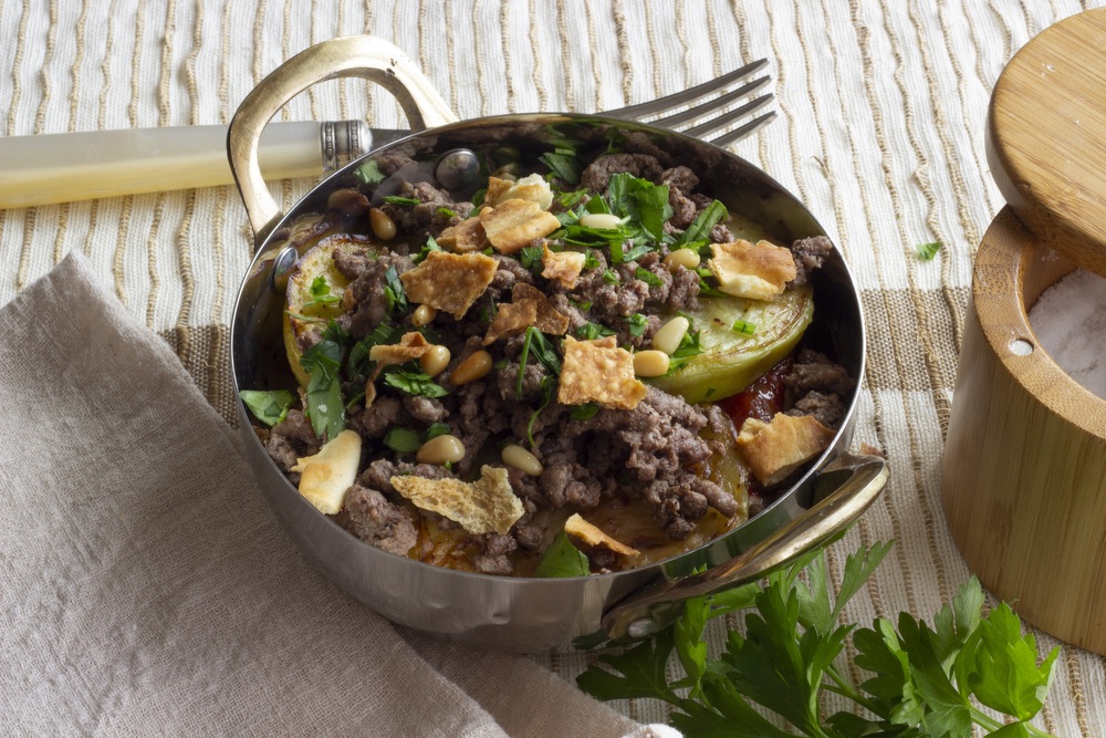 Syrian eggplant and beef fatteh